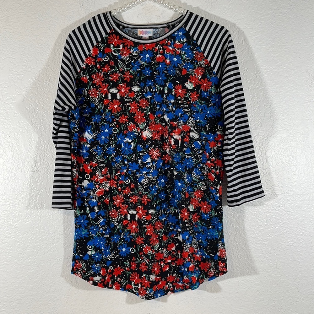 LULAROE Randy Floral Tee With Striped Sleeves Size Medium